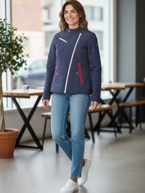 Lacoste Navy Quilted Puffer Jacket with Red Trim